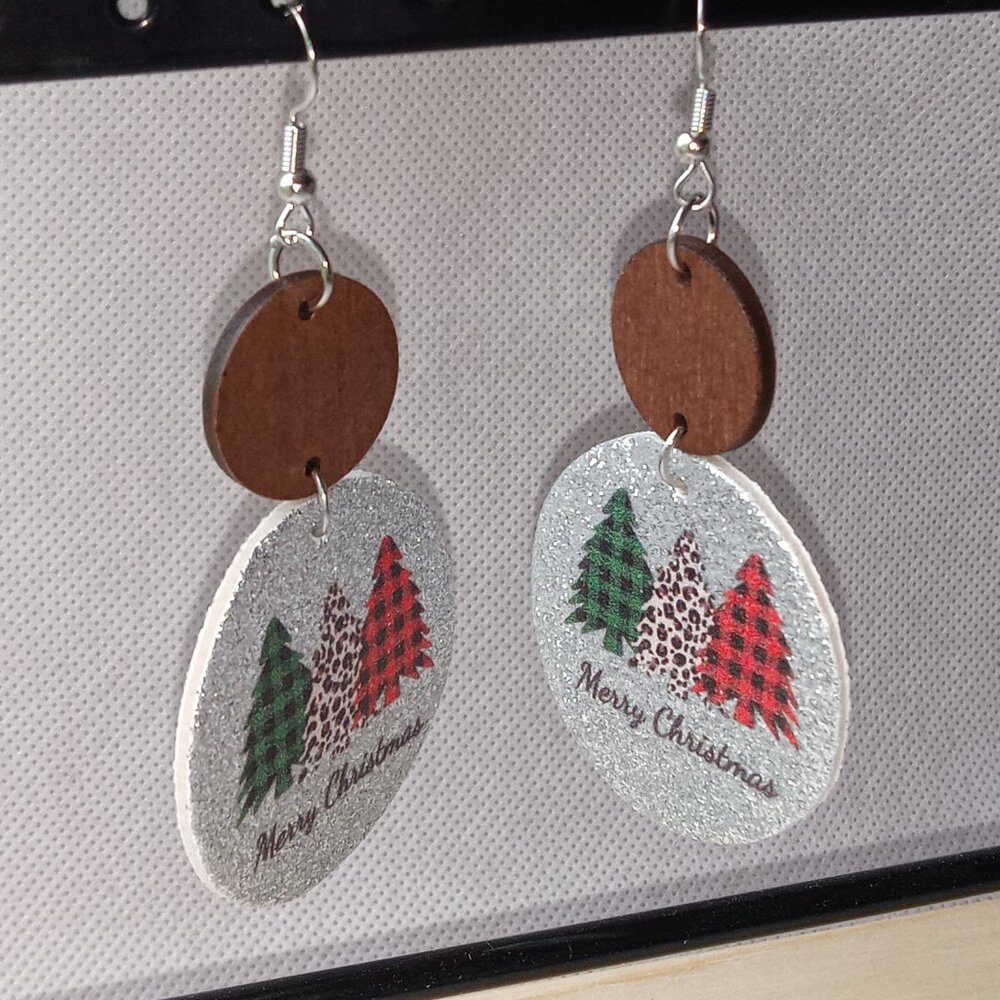 Christmas Holiday Earrings, Silver Glitter, Round Dangle Festive Earrings